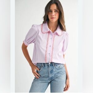 Mable Pink Button Down Blouse with Red Trim Small